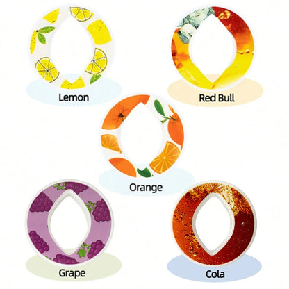 Five B Set Oval shape, fruit-themed coasters labeled Lemon, Red Bull, Orange, Grape, and Cola on a white background.