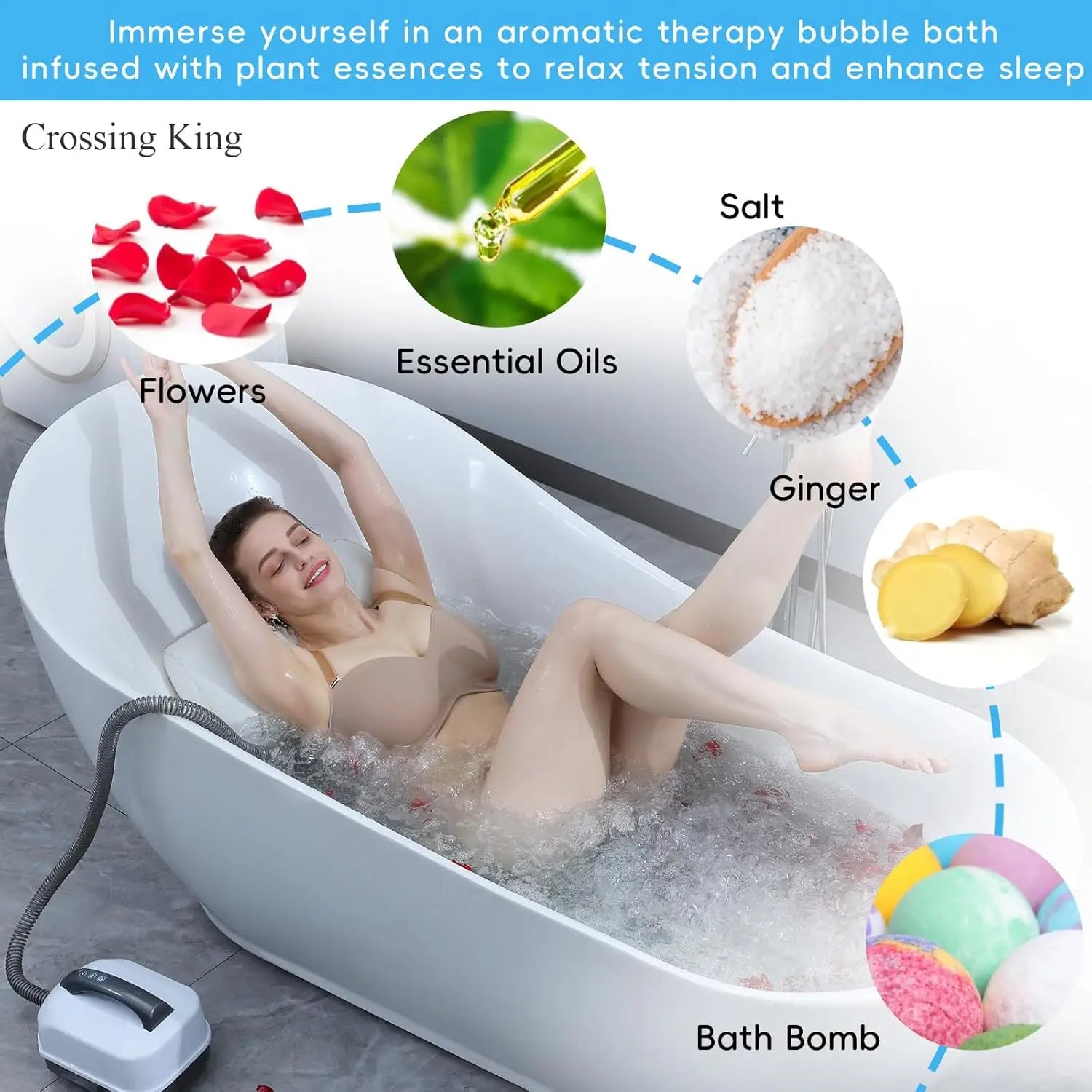 Woman relaxing in a bathtub with aromatherapy elements like flowers, salt, essential oils, ginger, and bath bombs.