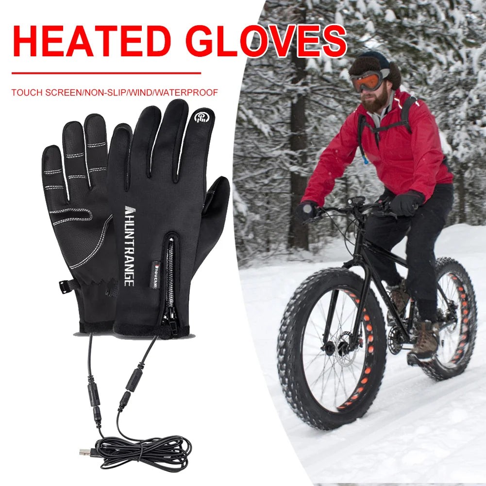 Heated gloves with a man riding a bike in the snow, featuring text about glove features.