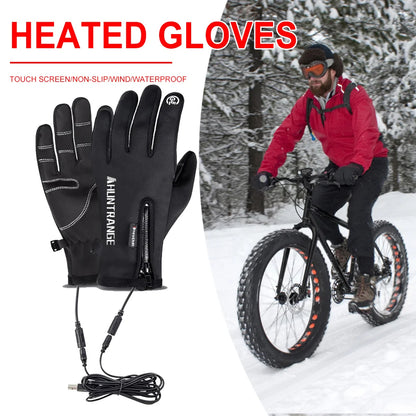 Heated gloves with a man riding a bike in the snow, featuring text about glove features.