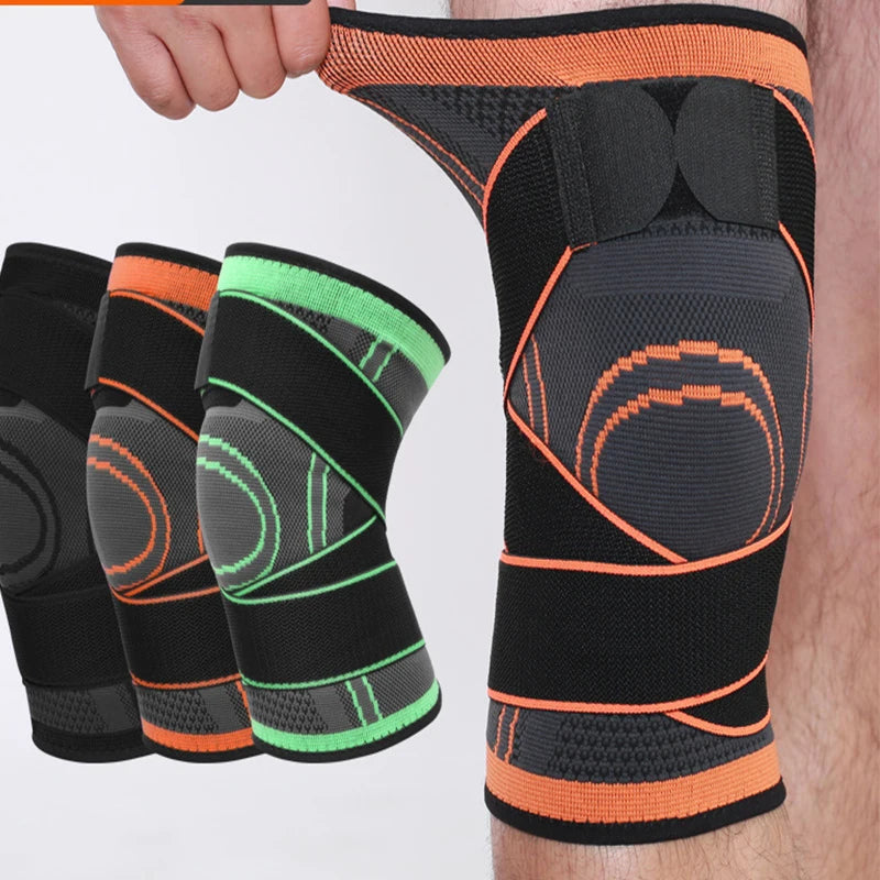 Knee support brace with black, orange, and green color options on a white background.