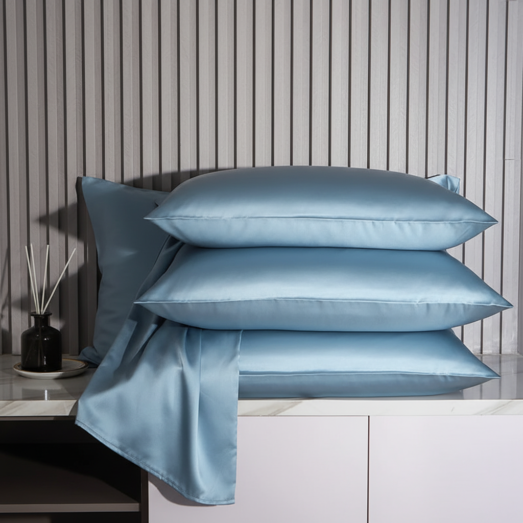 Set of blue satin pillows and blanket on a neutral background
