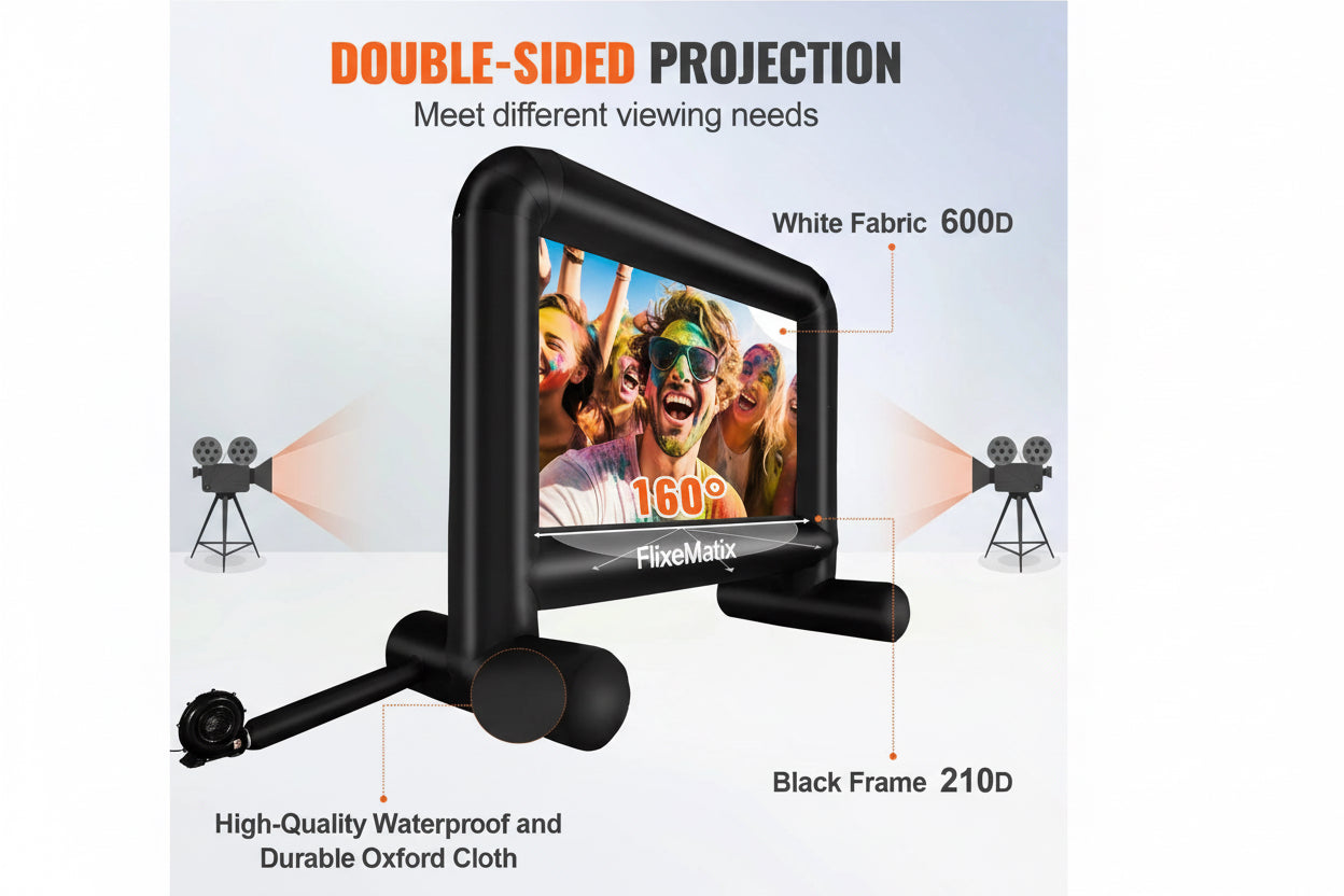 FlixeMatix portable outdoor projector screen with double-sided projection capabilities on a white background.