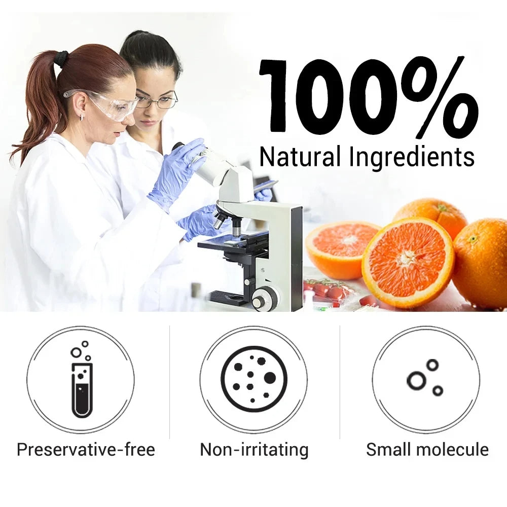 Two scientists with a microscope, oranges, and icons indicating natural ingredients and benefits.