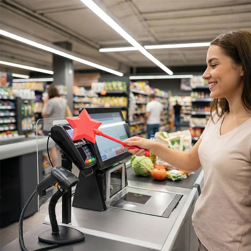 Woman using a red wand to interact with a cash register at a grocery store.