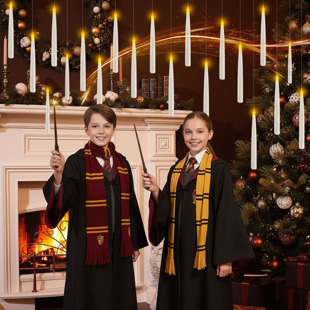 Person in a Hogwarts robe holding a wand in a festive room with Christmas decorations and a fireplace.