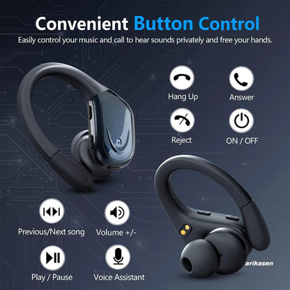 Wireless earbuds with control buttons on a dark background