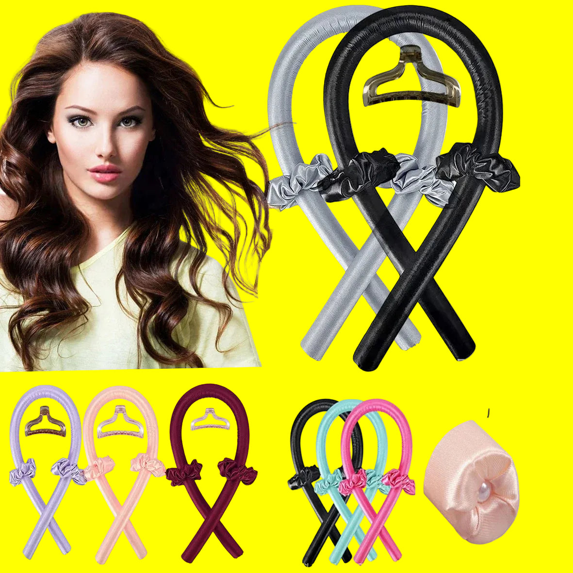 Hair styling product with a woman and color options displayed.