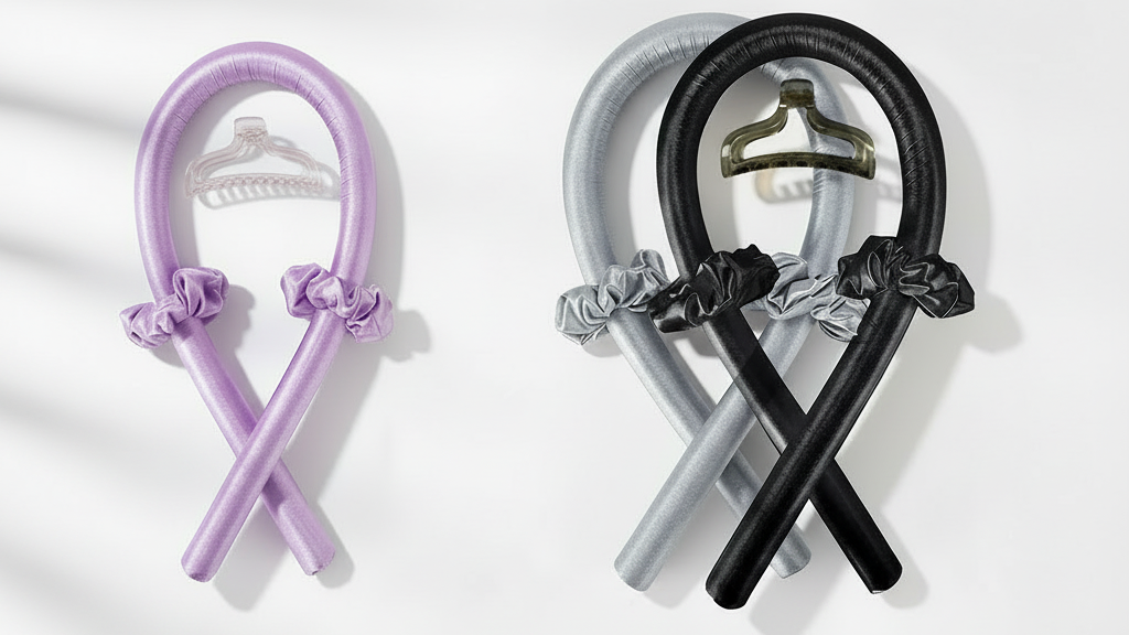 Set of colorful hair ties with clips on a white background
