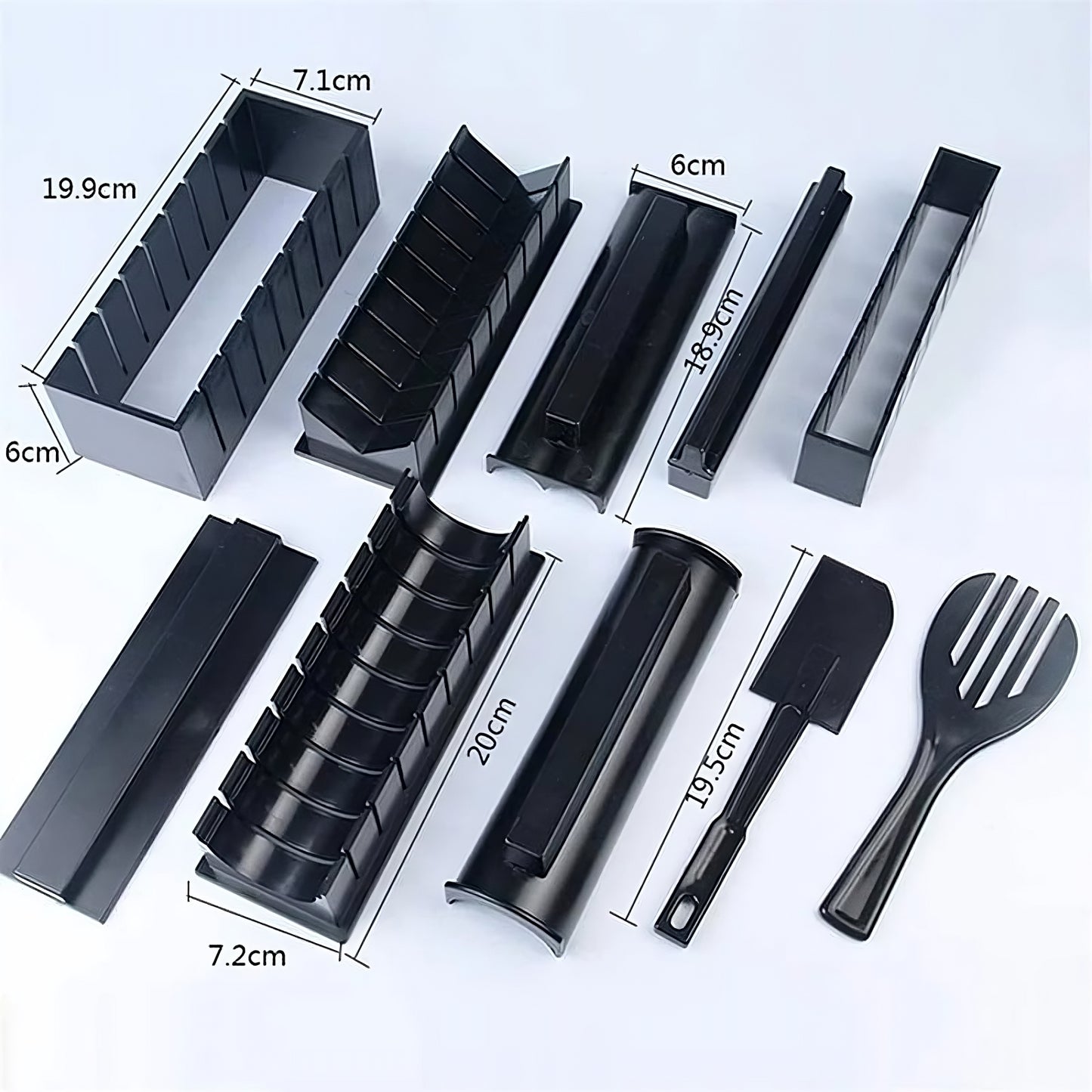 Black kitchen utensils and tools with measurements on a white background