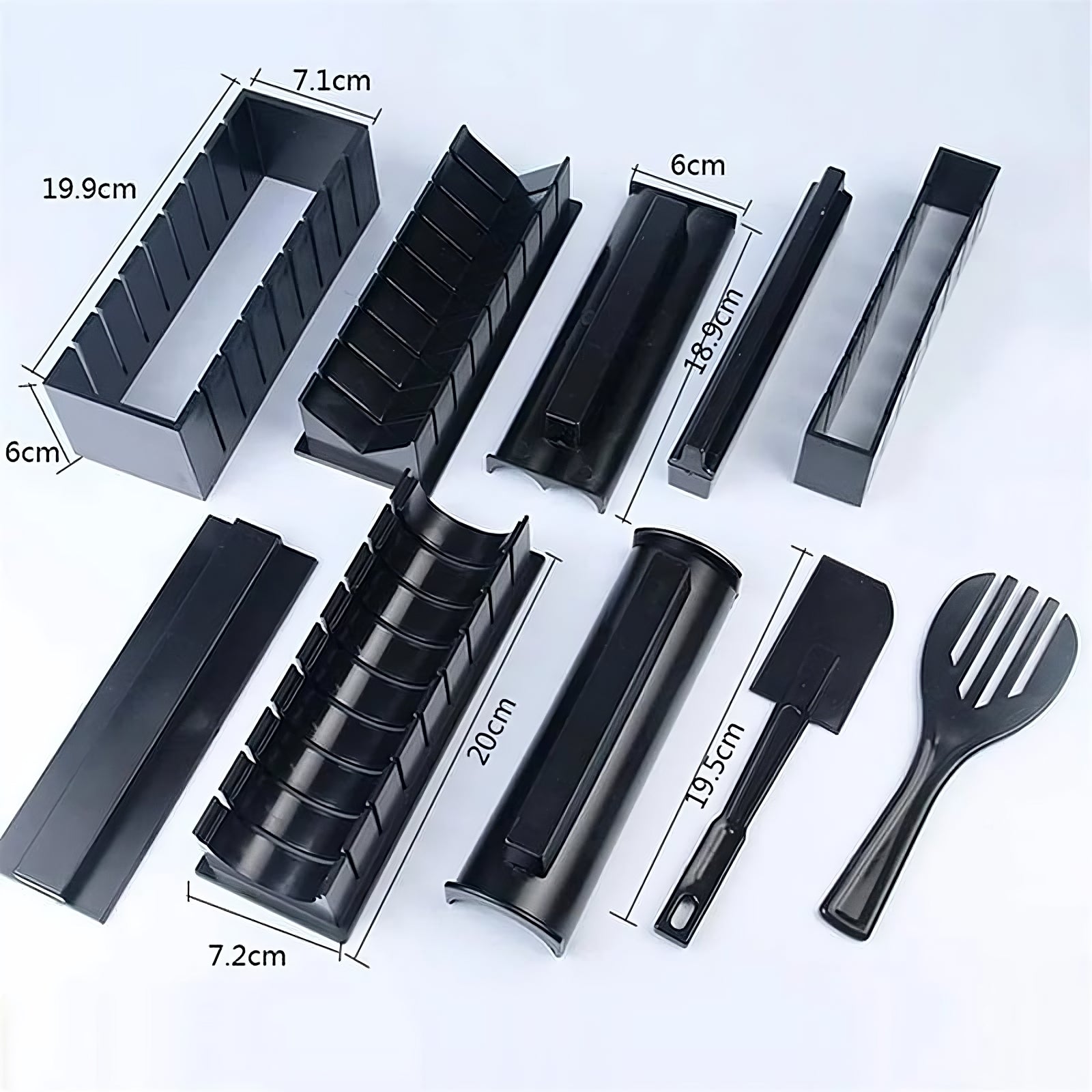 Black kitchen utensils and tools with measurements on a white background