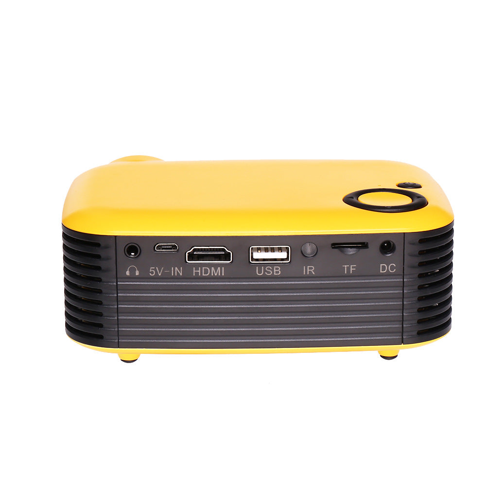 FlixeMatix in yellow/black portable projector with input ports on a white background