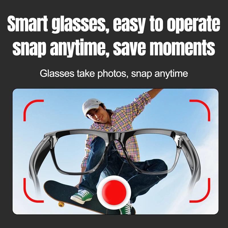 Smart glasses with a person on a skateboard against a blue sky, text about ease of operation and photo/snap capabilities.