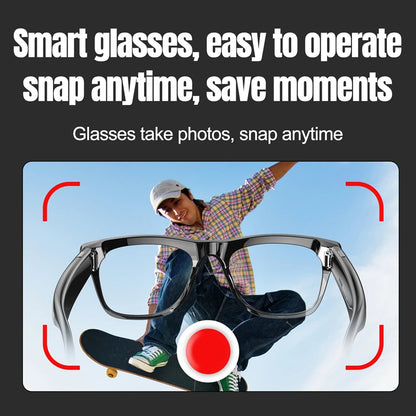 Smart glasses with a person on a skateboard against a blue sky, text about ease of operation and photo/snap capabilities.