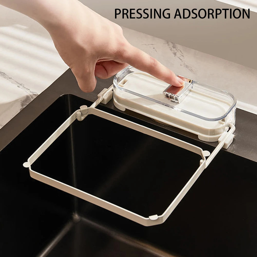 Hand pressing a lid on a container with 'Pressing Adsorption' text above.