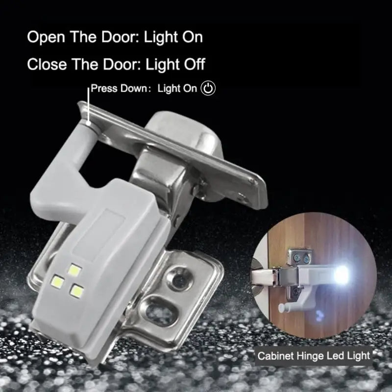Cabinet hinge LED light with instructions on how to control the light, shown on a dark background.