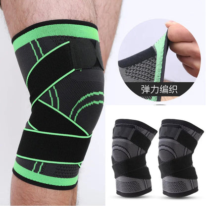 Black and green knee brace with close-up details on a white background