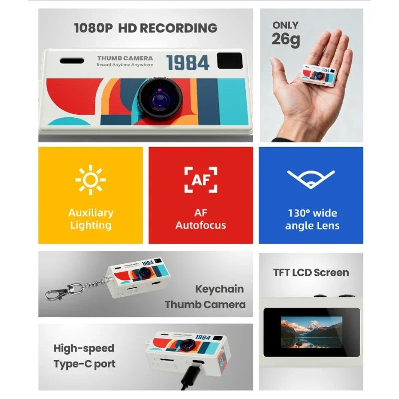 Colorful thumb camera with features highlighted on a gray background