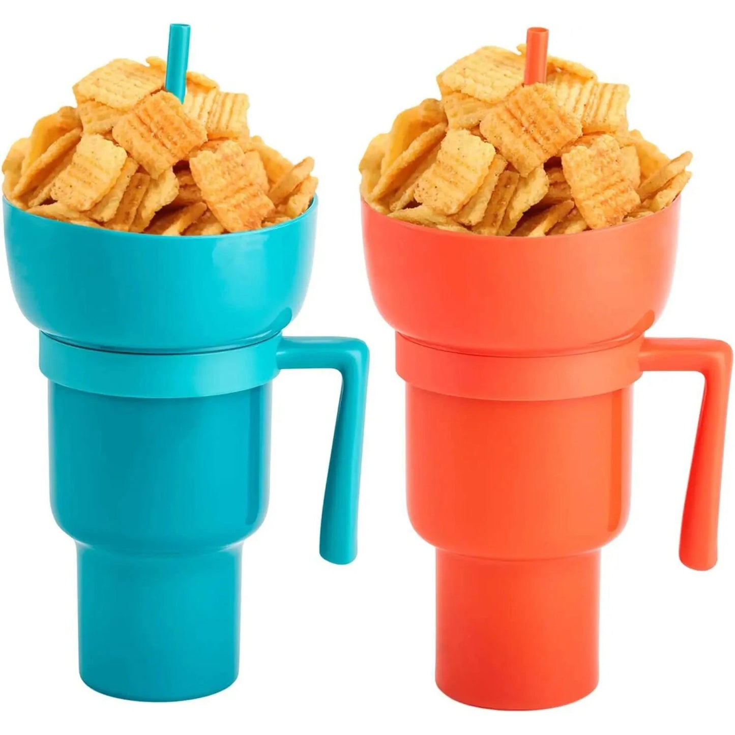 Two colorful snack cups with handles, one blue and one orange, filled with cereal.