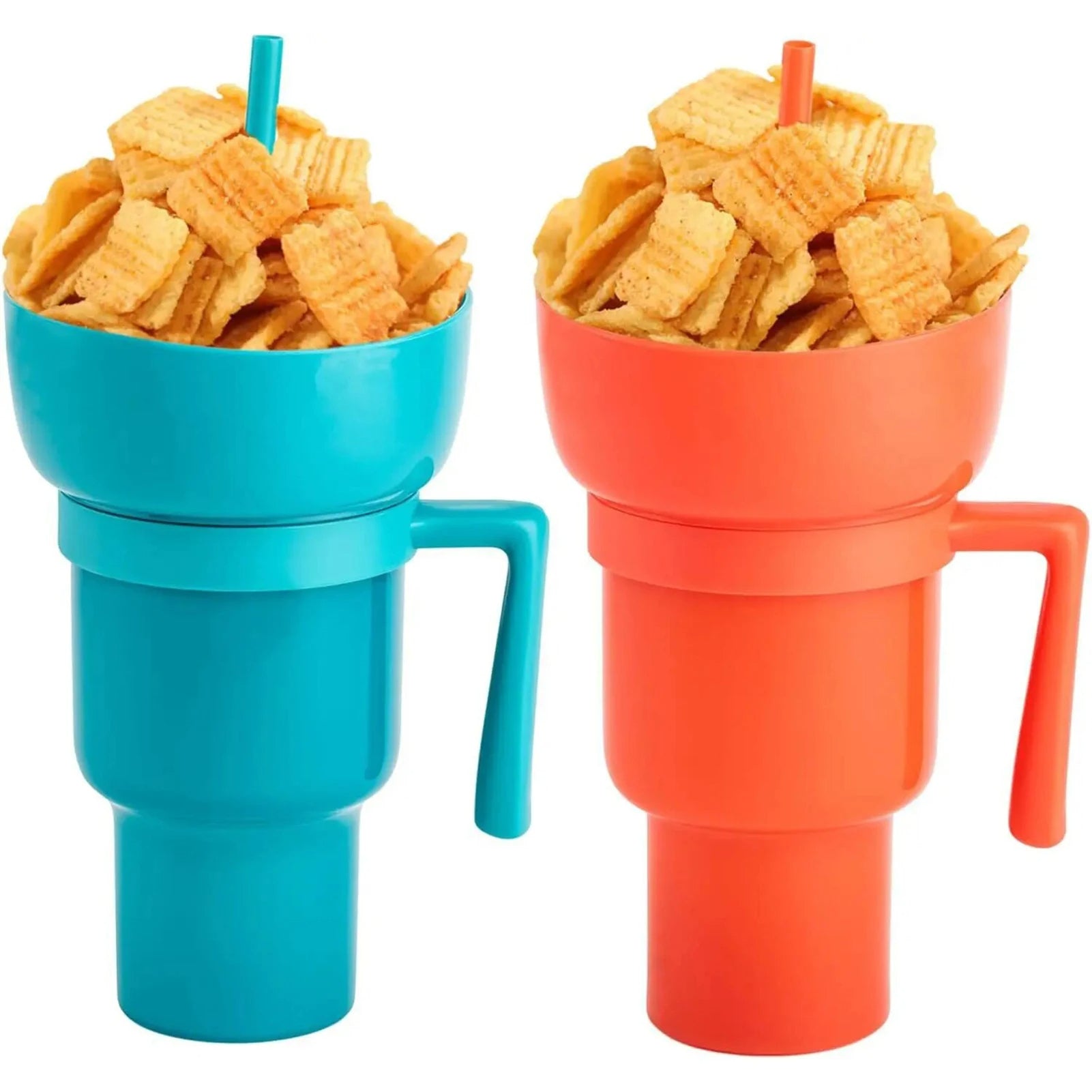 Two colorful snack cups with handles, one blue and one orange, filled with cereal.