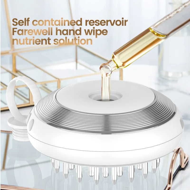 White device with metal components and a liquid being poured into it, set against a blurred background.