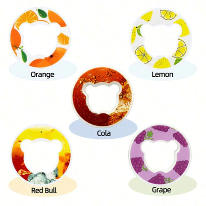 Five bottle openers with fruit-themed designs on a white background