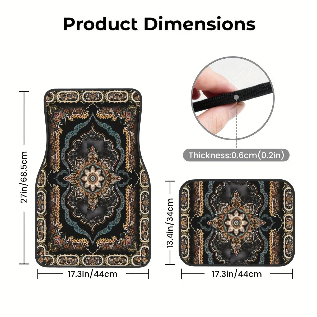 Decorative car mat with intricate patterns and measurements on a white background