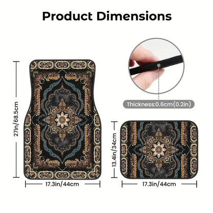 Decorative car mat with intricate patterns and measurements on a white background
