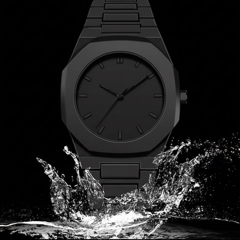 Black watch with water splashing around it on a black background