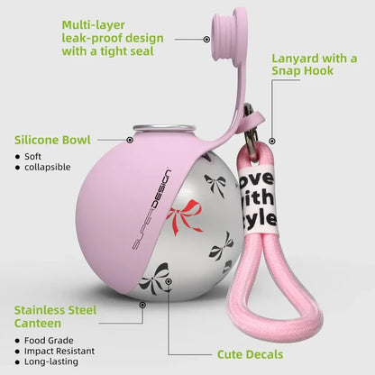 Pink and white water bottle with features highlighted on a gray background