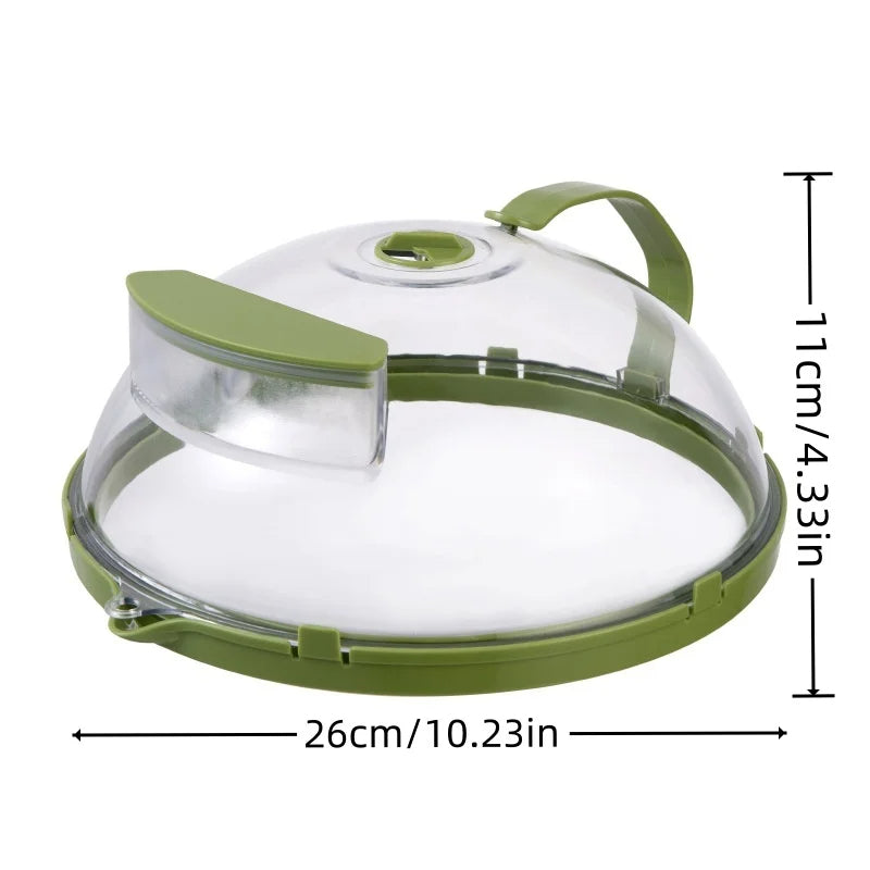 Green and clear plastic dome with measurements on a white background
