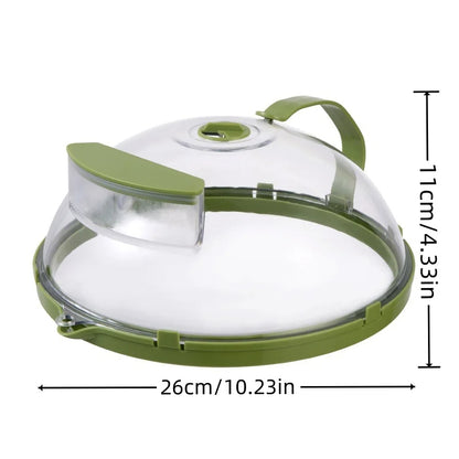 Green and clear plastic dome with measurements on a white background
