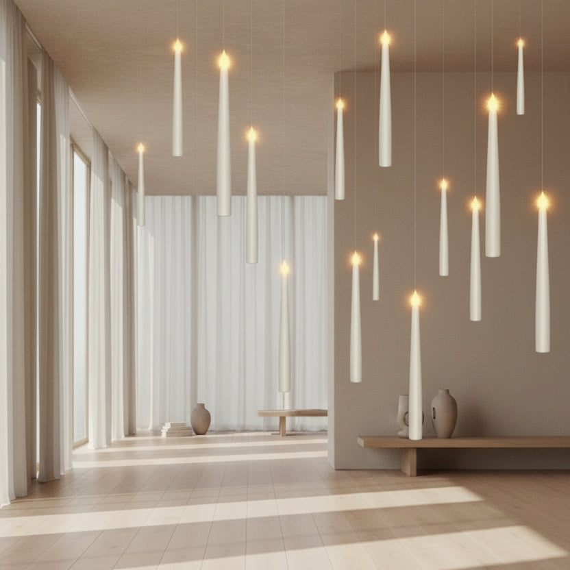 Flameless candles with a remote control wand in front of an architectural background