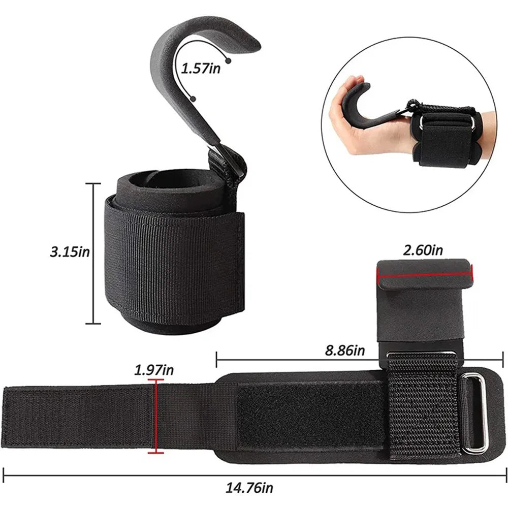 Black strap with hook and measurements on a white background