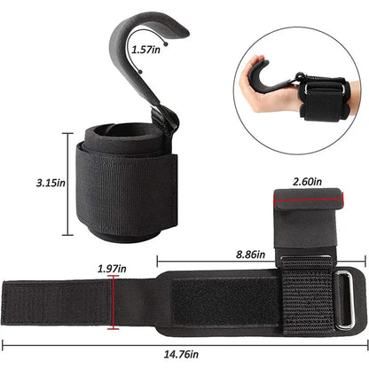 Black strap with hook and measurements on a white background