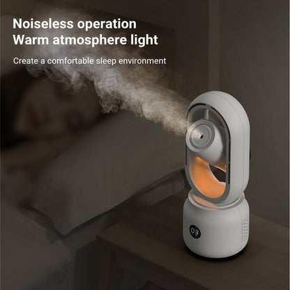 White humidifier emitting mist in a bedroom setting with text about noiseless operation and warm atmosphere.