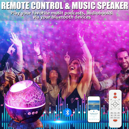 Music speaker with remote control and Bluetooth icon, people dancing in the background