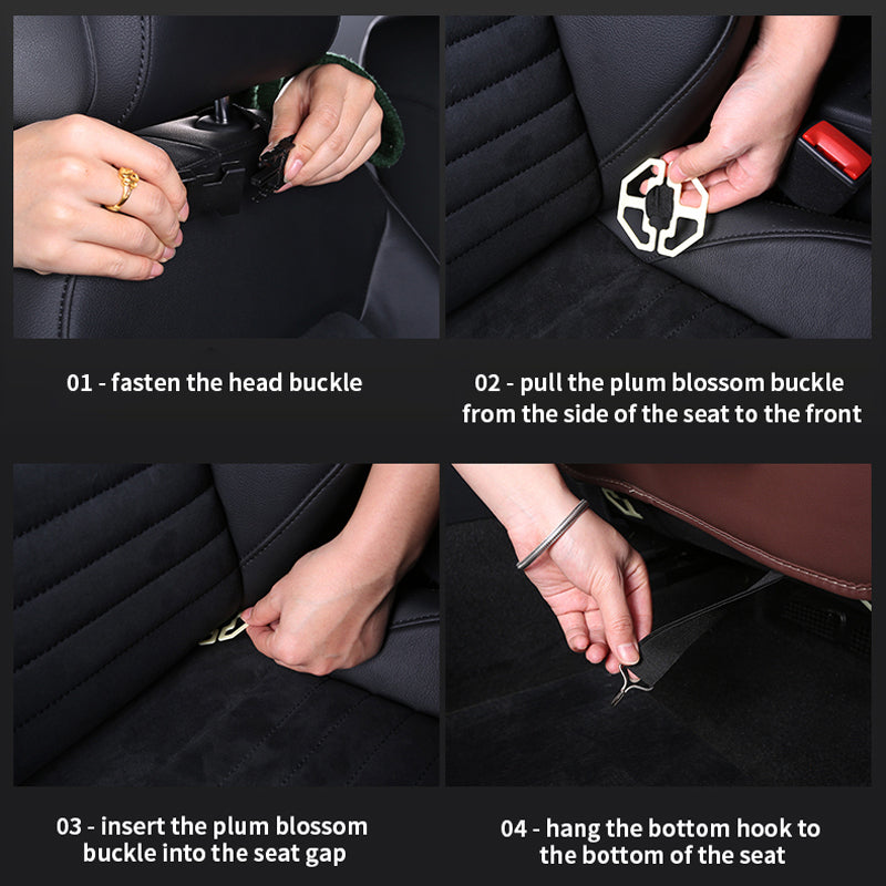Step-by-step guide on how to use a car seat cover with plum blossom buckles.