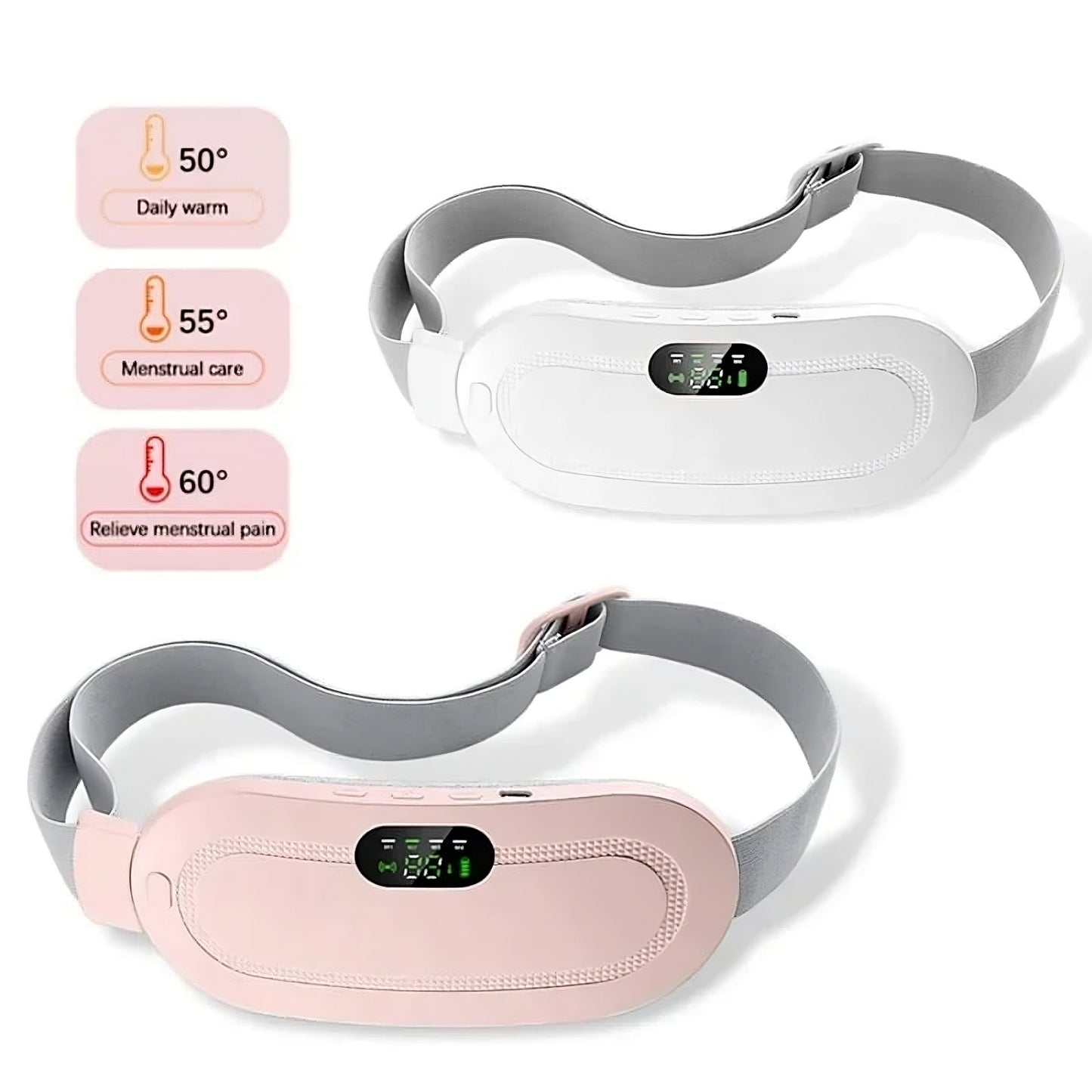 Two electronic heating pads, one gray and one pink, with digital displays on a white background.