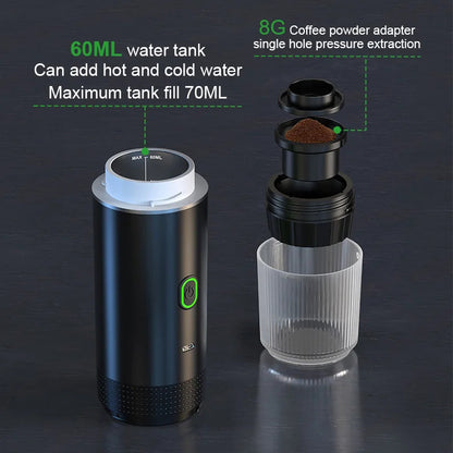 Black coffee maker with water tank and coffee powder adapter on a dark background