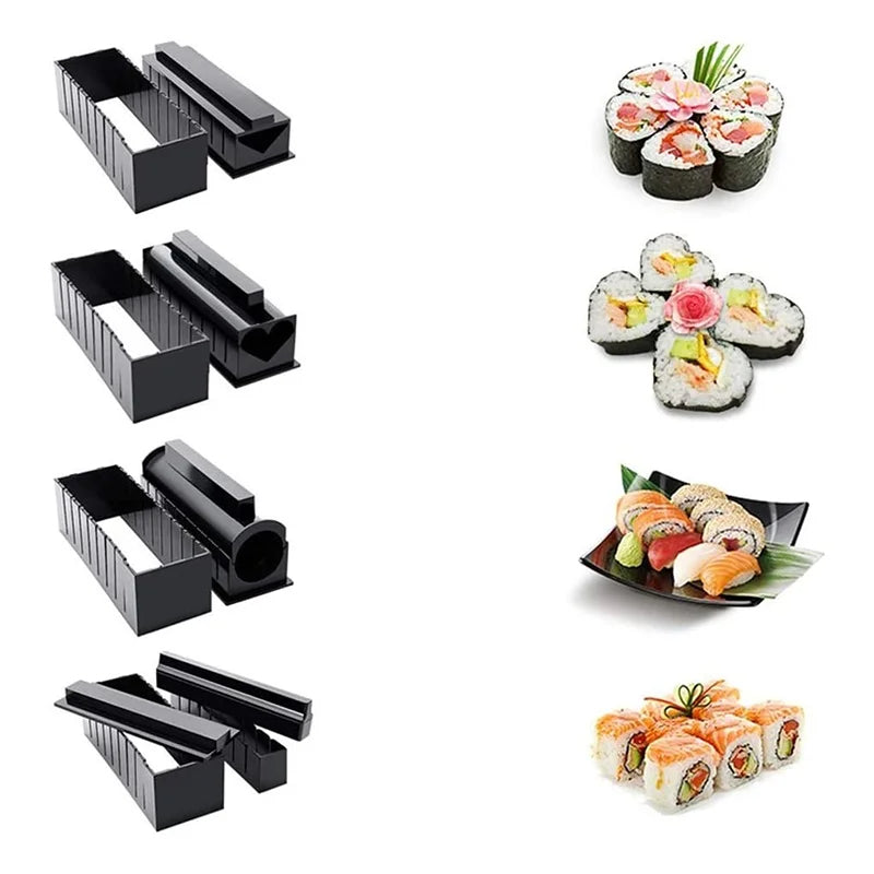 Sushi rolling tools and various sushi dishes on a white background