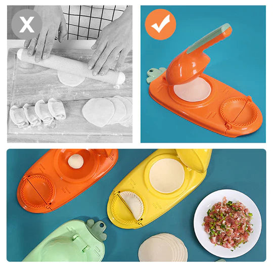 Comparison of manual vs. mechanical tortilla press with tortillas and ingredients on a blue background.
