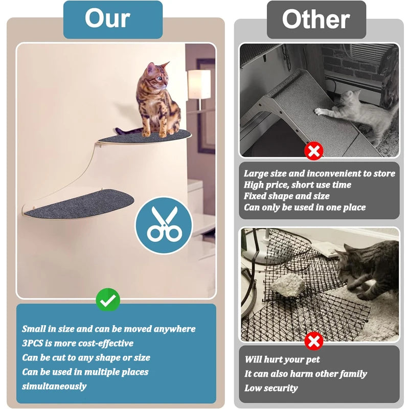 Comparison chart showing a cat using a small, moveable pet shelf versus other pet products with drawbacks.