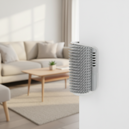 Self Grooming Brush and Catnip holder attached to the walls edge in a living room setting with a blurred background