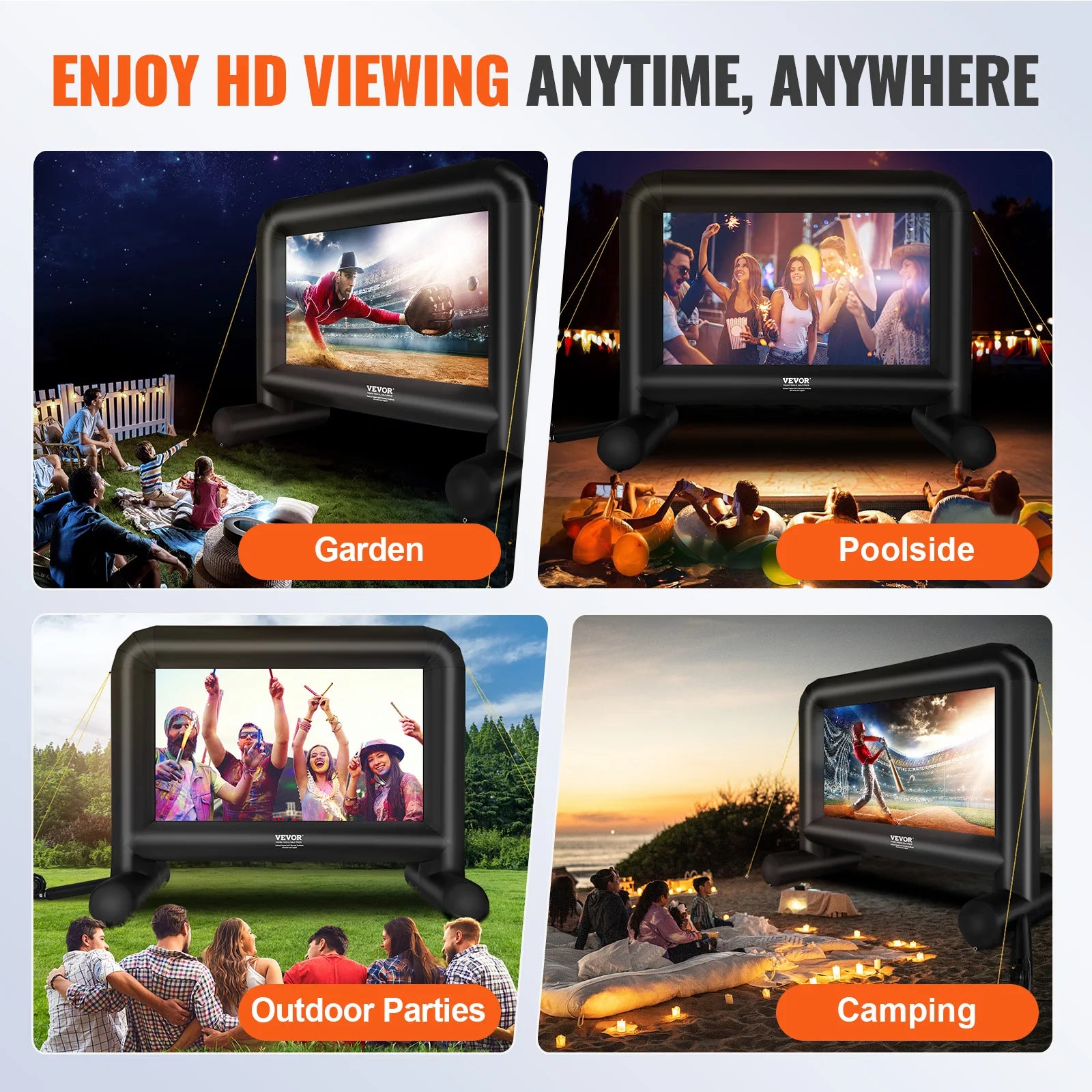 FlixeMatix portable outdoor projector displaying various scenes with text indicating use cases like garden, poolside, outdoor parties, and camping.