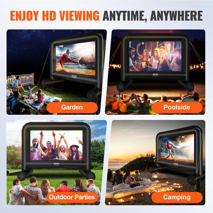 FlixeMatix portable outdoor projector displaying various scenes with text indicating use cases like garden, poolside, outdoor parties, and camping.