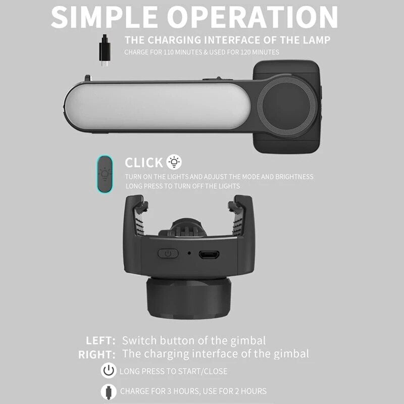 Black gimbal with charging interface and control buttons on a gray background