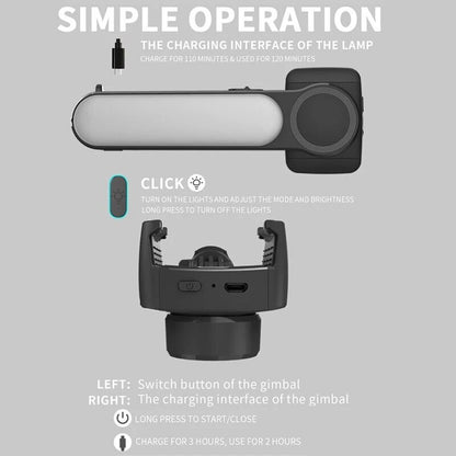 Black gimbal with charging interface and control buttons on a gray background