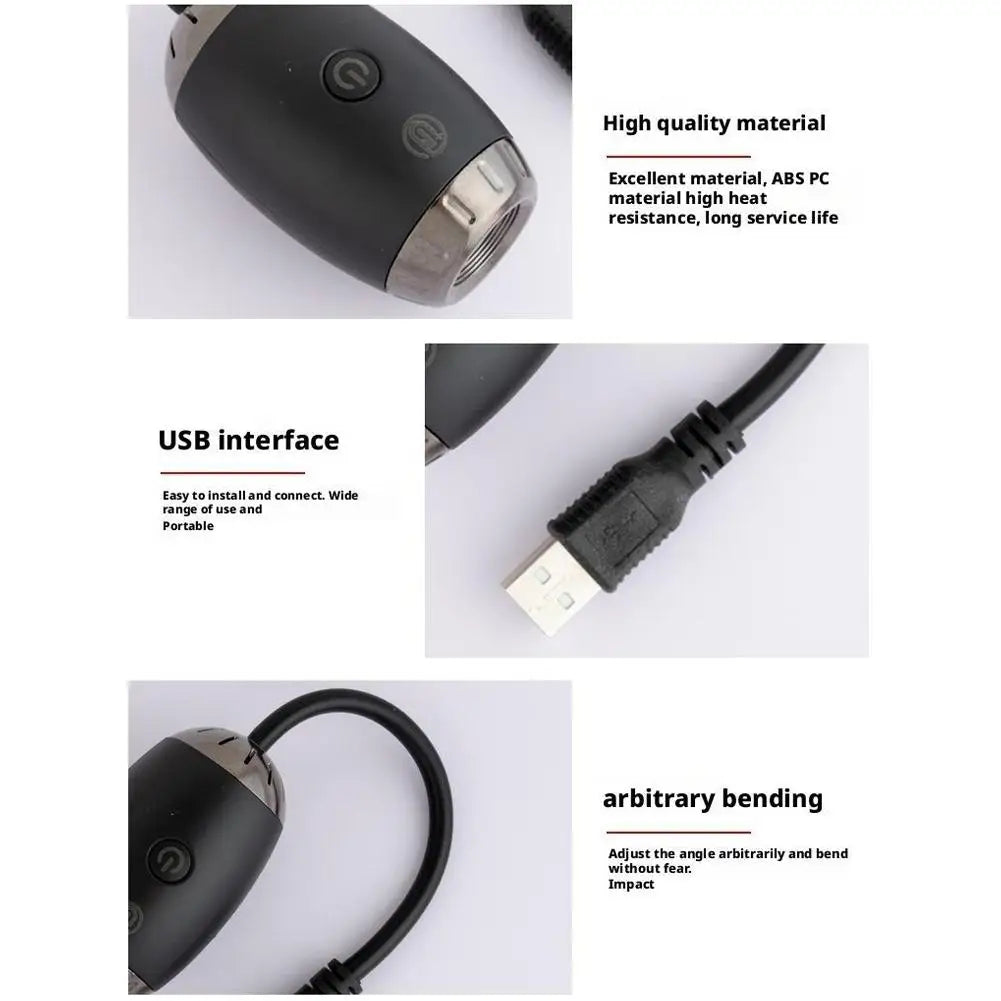 Black electronic device with USB cable on a white background, featuring text about material quality and features.