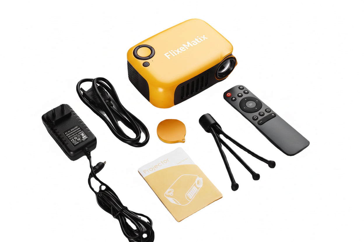 FlixeMatix portable video projector with accessories on a white background